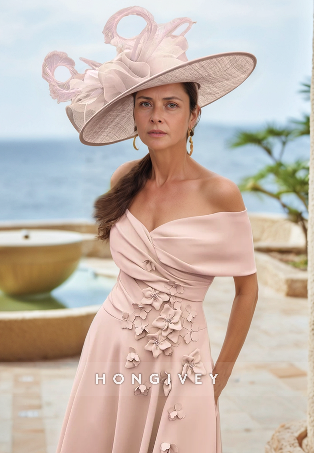 Butterfly Sheath Off the Shoulder Tea-Length Cocktail Dress Shawl Pleated Mother of the Bride Dress
