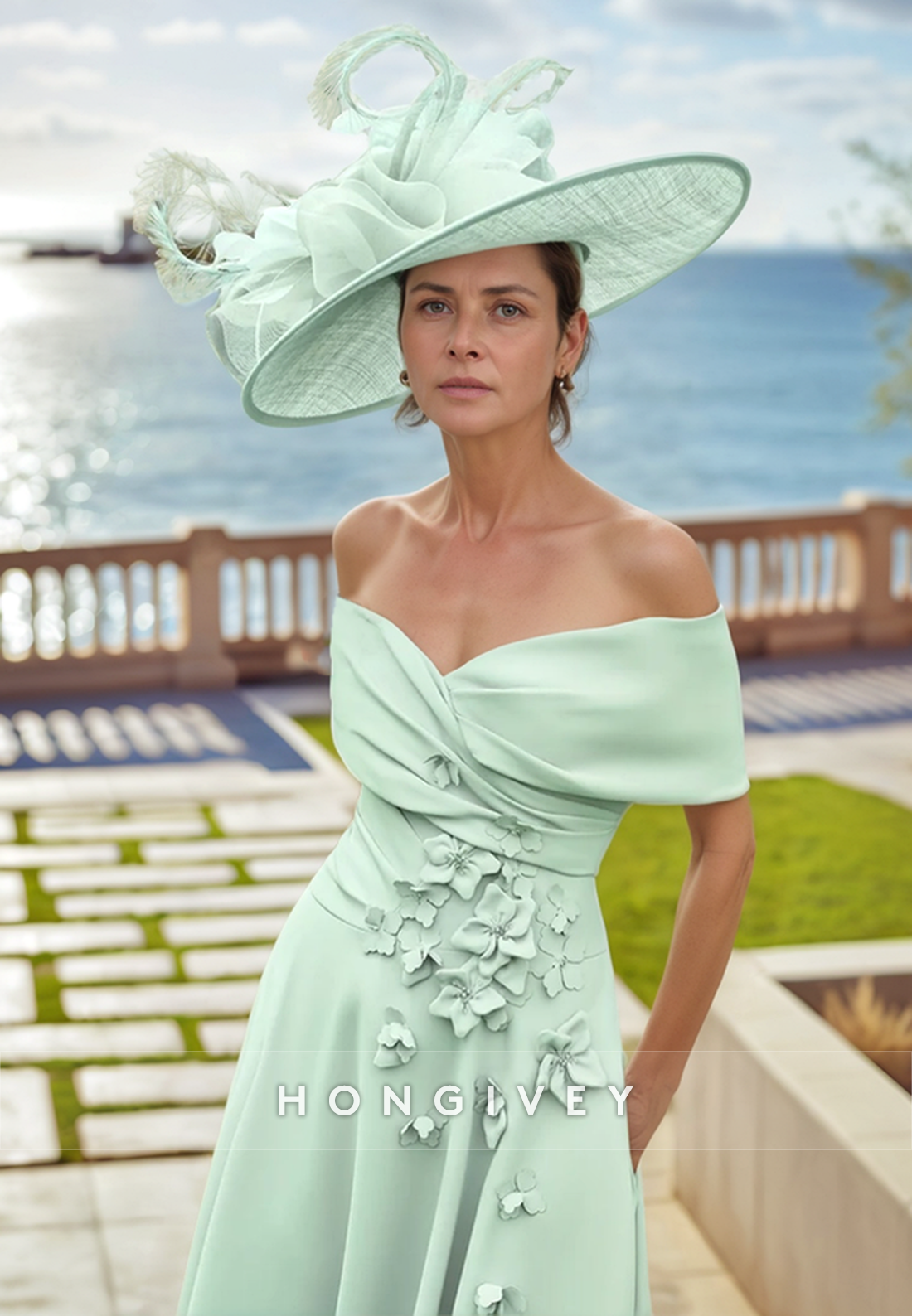 Butterfly Sheath Off the Shoulder Tea-Length Cocktail Dress Shawl Pleated Mother of the Bride Dress