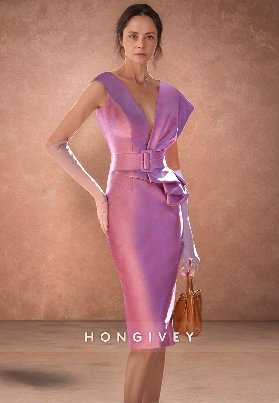 Sheath Knee-Length Cocktail Dresses V Neck Asymmetrical Neck Satin Pleated Mother of the Bride Dress