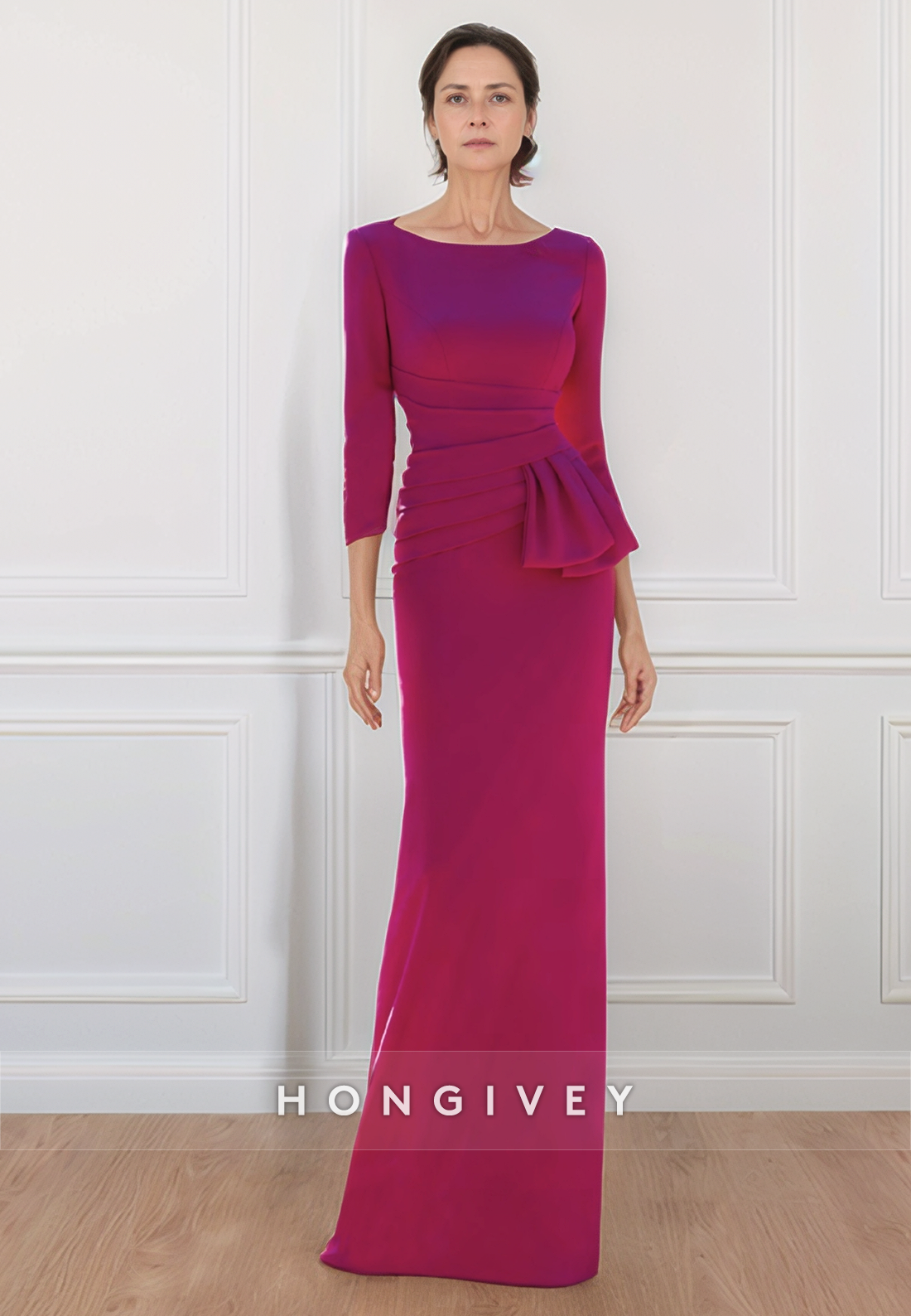 Simple Floor-Length Elegant Sheath Satin 3/4 Sleeve Pleated Mother of the Bride Dress