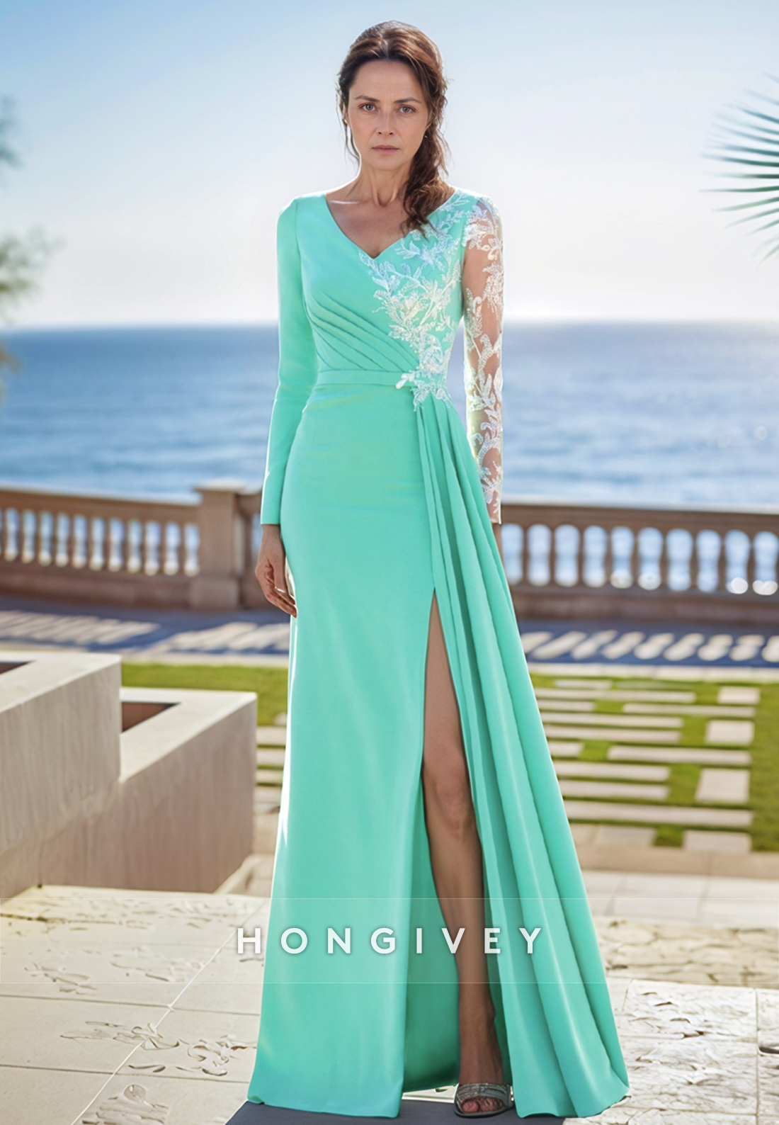 Sheath Floor-Length V Neck Elegant Lace Long Sleeve Split Mother of the Bride Dress
