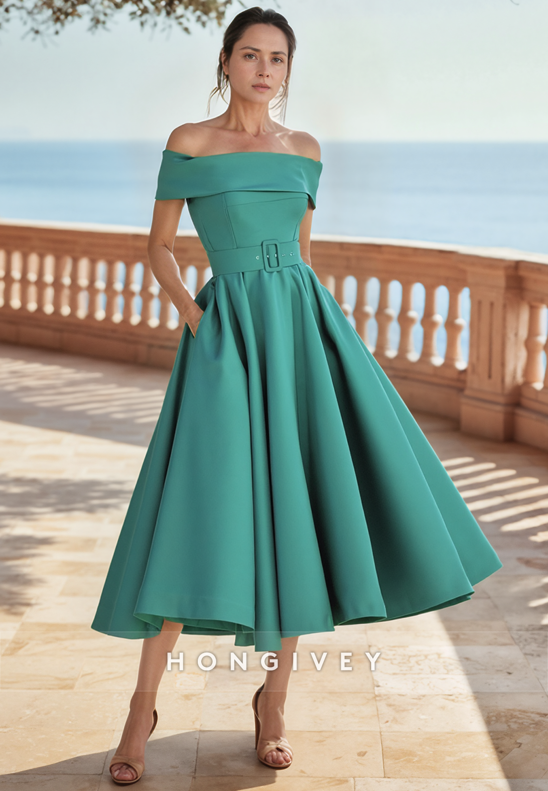 Ball Gown Tea-Length Cocktail Dress Off the Shoulder Satin Pleated Mother of the Bride Dress