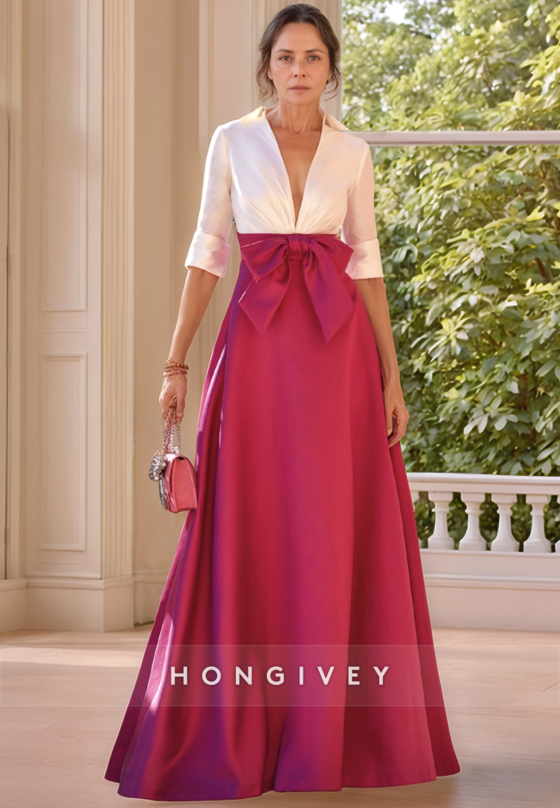 Bowknot Formal A-line Floor-Length V Neck Satin Half Sleeve Pleated Mother of the Bride Dress