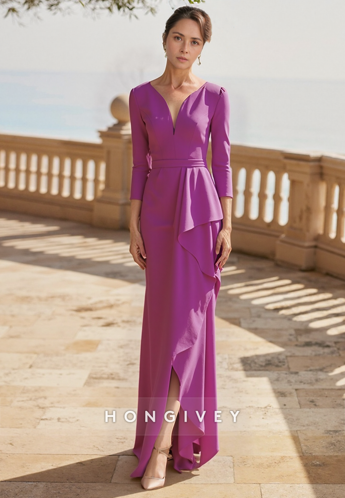 Orchid Sheath Floor-Length V Neck Satin 3/4 Sleeve V Back Pleated Mother of the Bride Dress