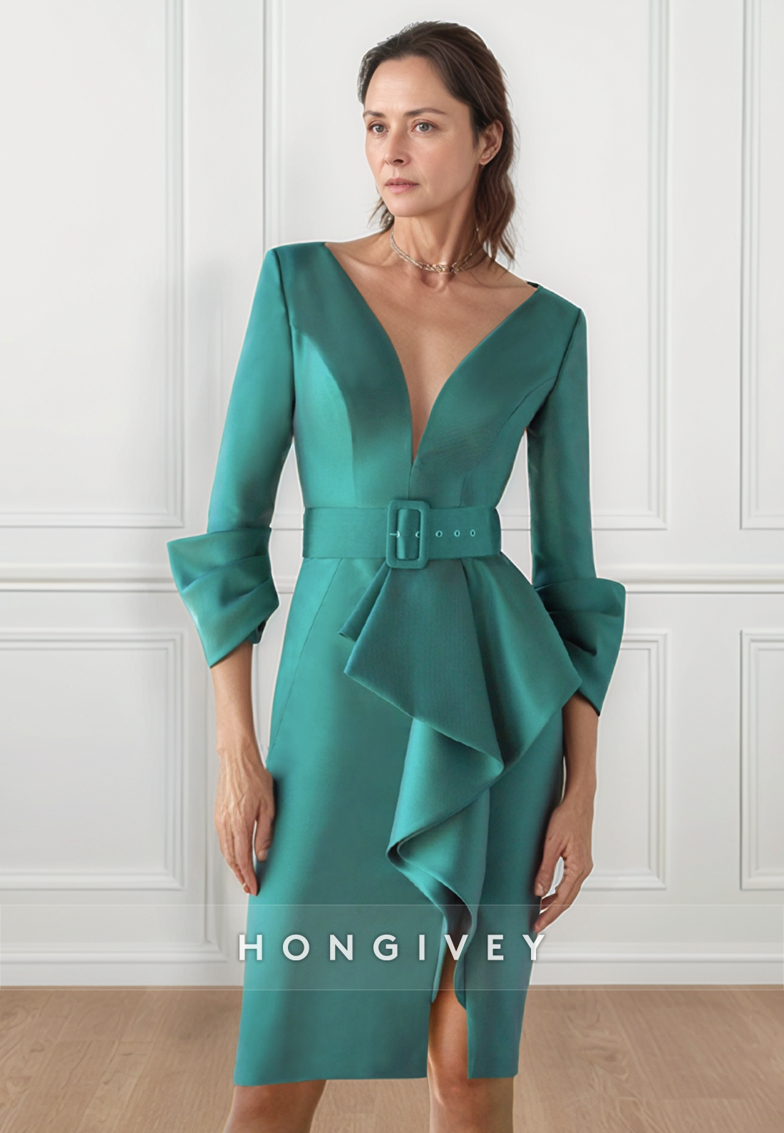 V Neck Knee-Length Mother of the Bride Dress Sheath Satin 3/4 Sleeve Pleated Cocktail Dress