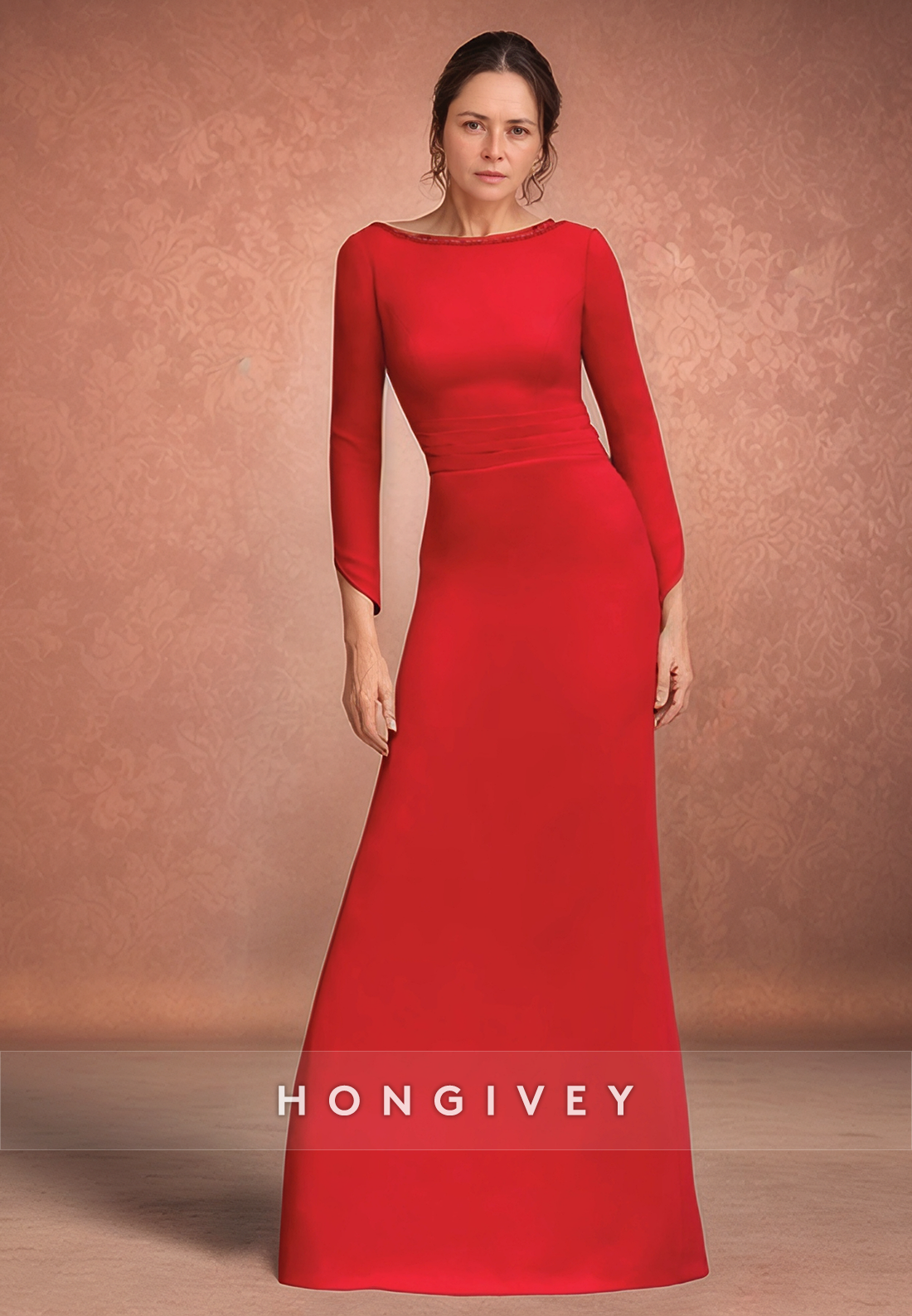 V Back Zipper Satin Floor-Length Sheath 3/4 Sleeve Pleated Mother of the Bride Dress
