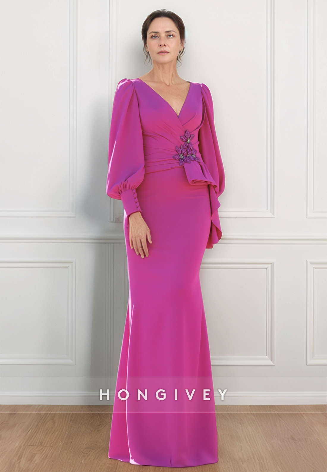 V Neck Fuchsia Floor-Length Flowers Sheath Long Sleeve Satin Pleated Mother of the Bride Dress