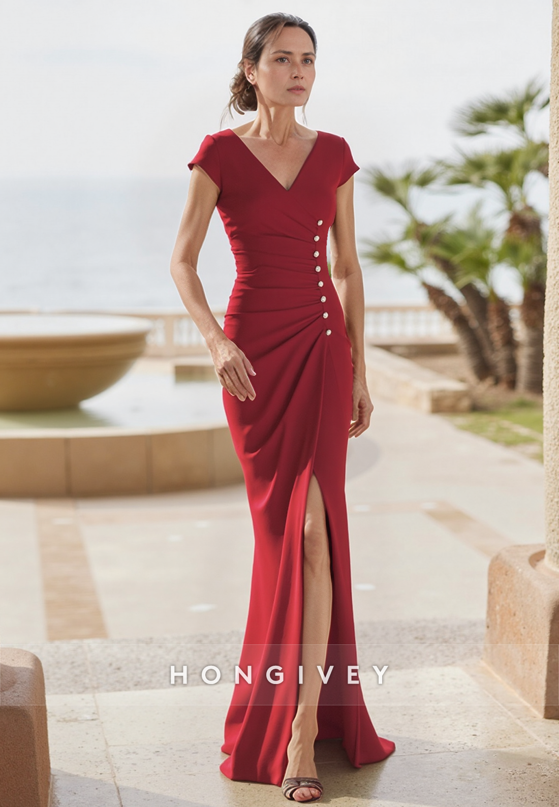 Red Single-Breasted Side Slit V-neck Cap Sleeves V Neck Pleated Sheath Floor-Length Mother of the Bride Dress