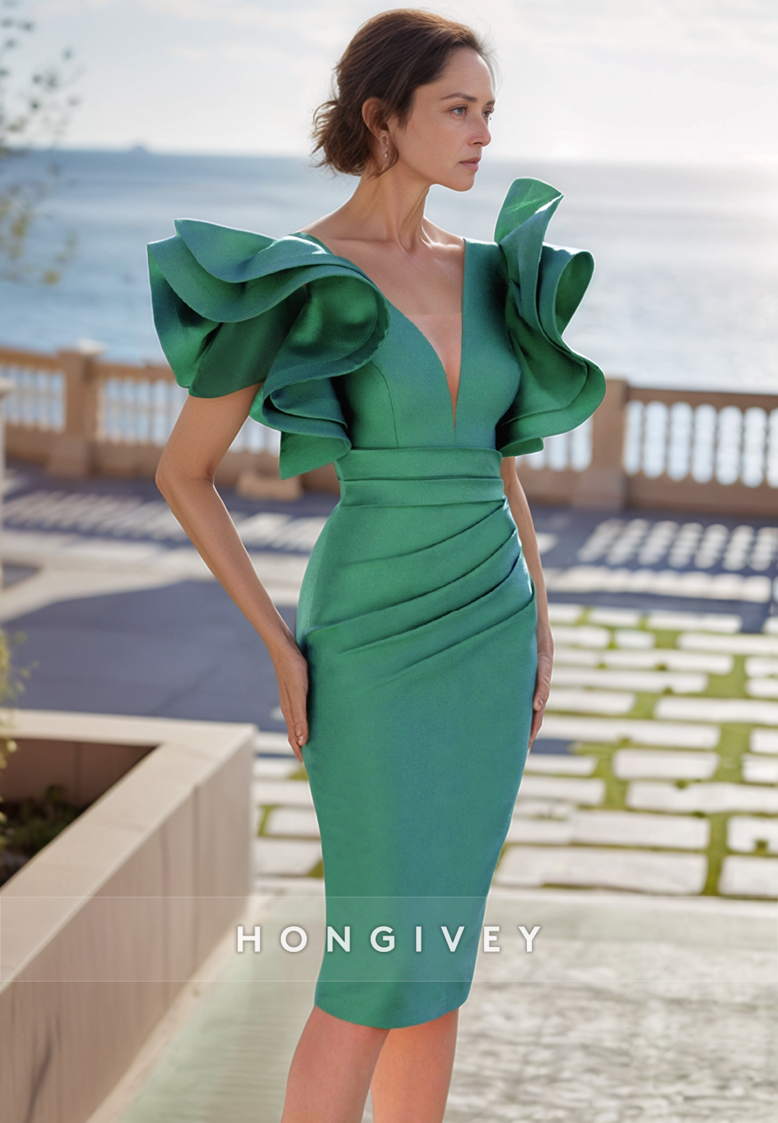 Chic Knee-Length Satin Cocktail Dress V Neck Pleated Shoulder Flower Mother of the Bride Dress