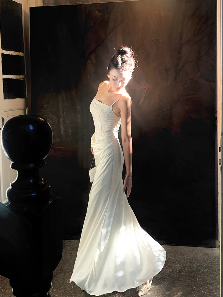 White Sheath Long Prom Dress Sequin Spaghetti Straps Evening Dress