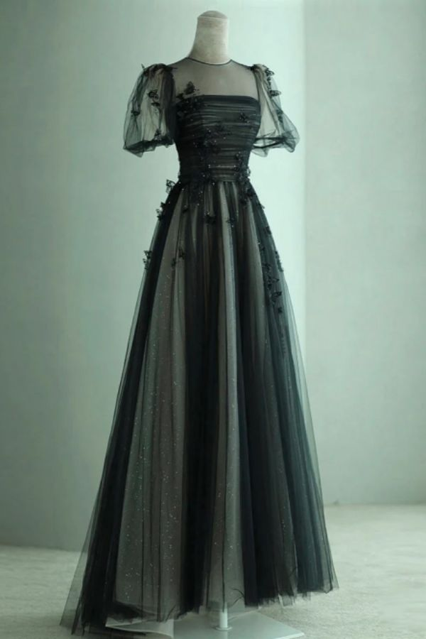A Line Black Puff Sleeves Tulle Long Prom Dress Black Formal Evening Dress Y7334 - VelvetHem