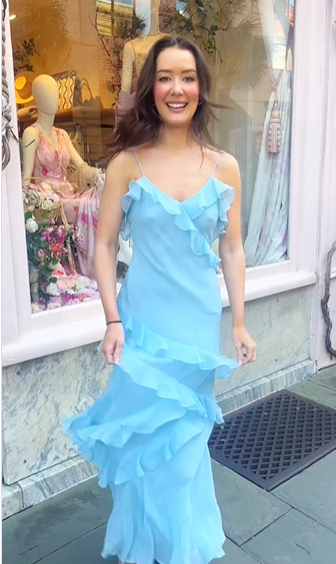Blue Spaghetti Straps Chiffon Ruffle Prom Dress Long Party Dress