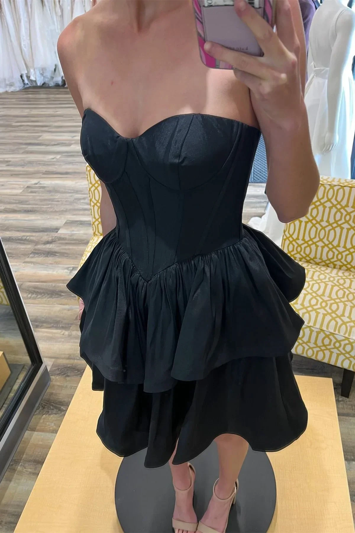 Black Strapless Satin Multi-Layers Homecoming Dress (ZD12248)