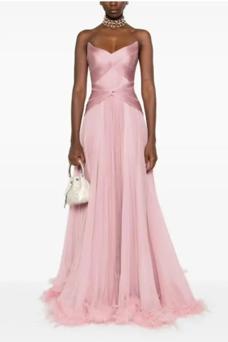 Chic Pink Sweetheart Pleats Sleeveless Pleated Prom Dress with Feather