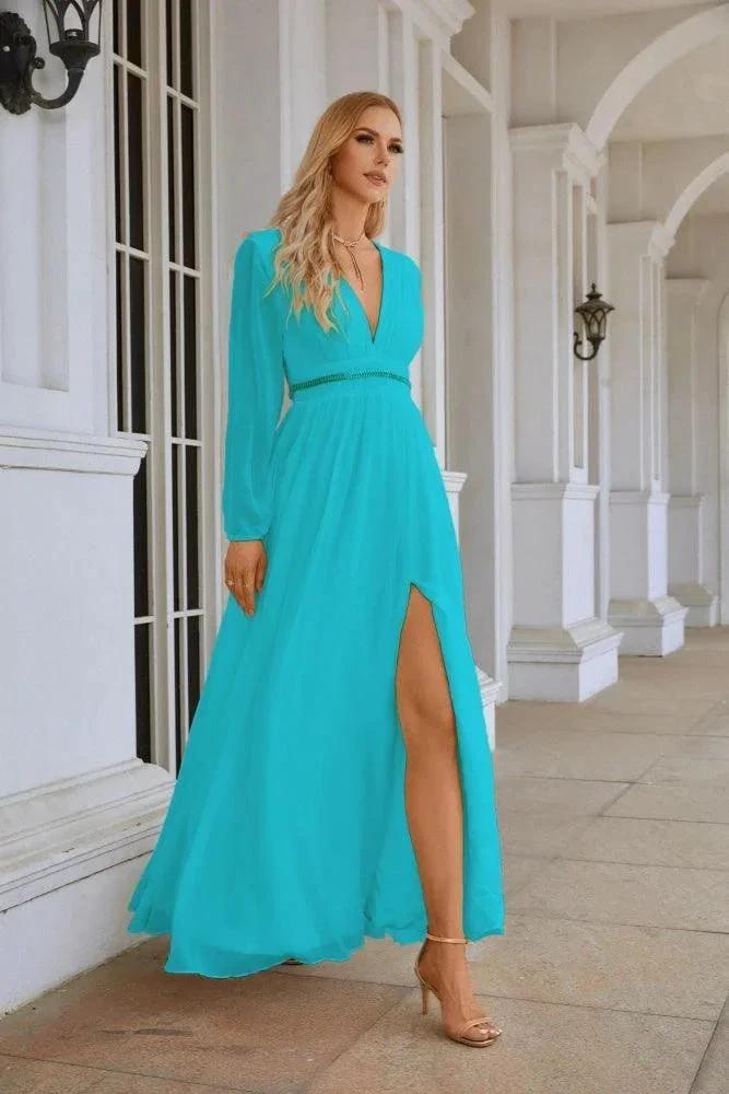 Ladies V Neck Chiffon Long Sleeve Front Slit Bridesmaid Evening Dress Wedding Party Shopping Evening Dress 28109 by numbersea