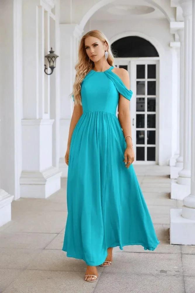 Ladies Chiffon Off Shoulder Swing Sleeve Front Slit Bridesmaid Evening Dress Wedding Party Evening Dress 28117 by numbersea