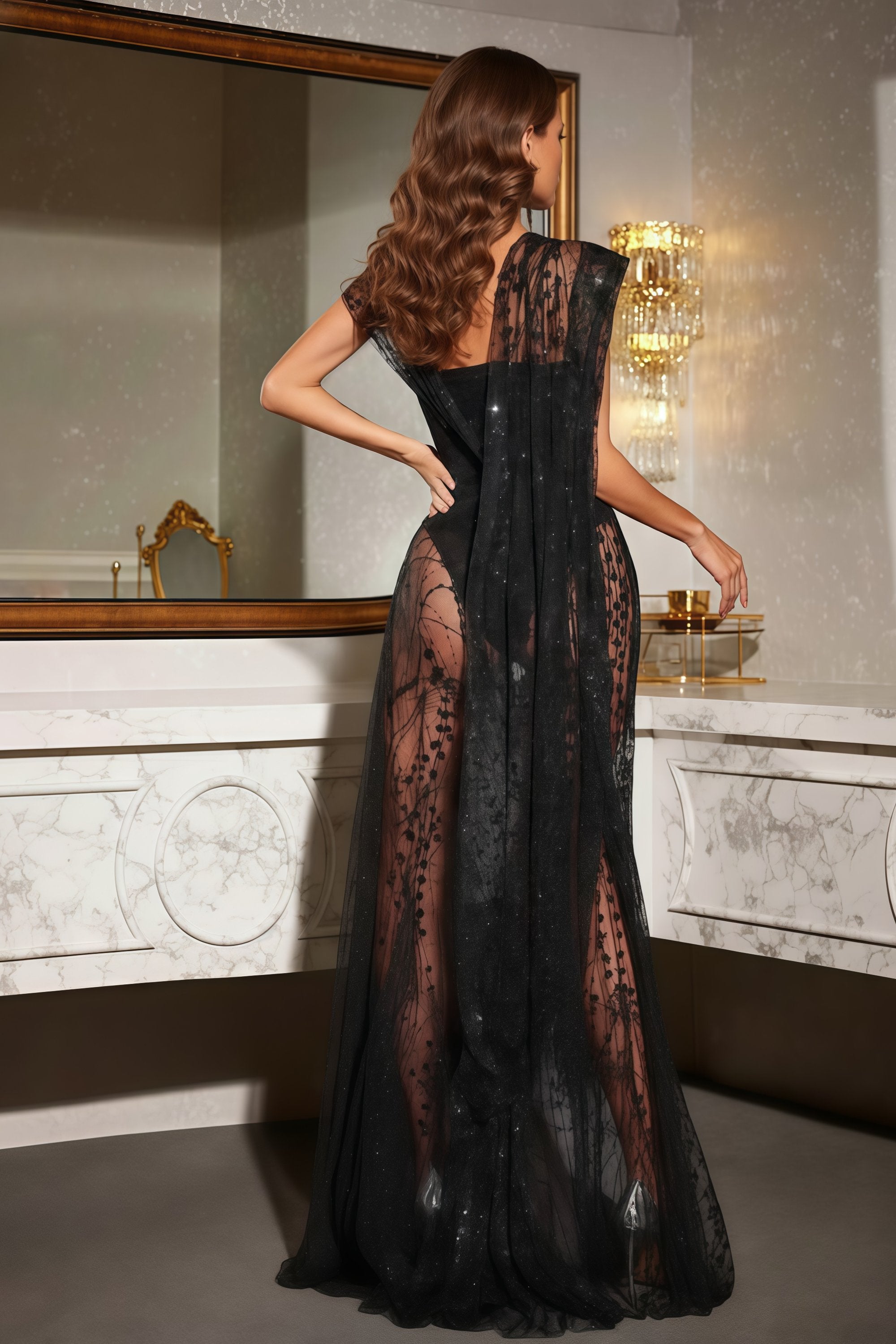 V-Neck Maxi Dress with Bodysuit Liner and Asymmetric Shoulder Cape