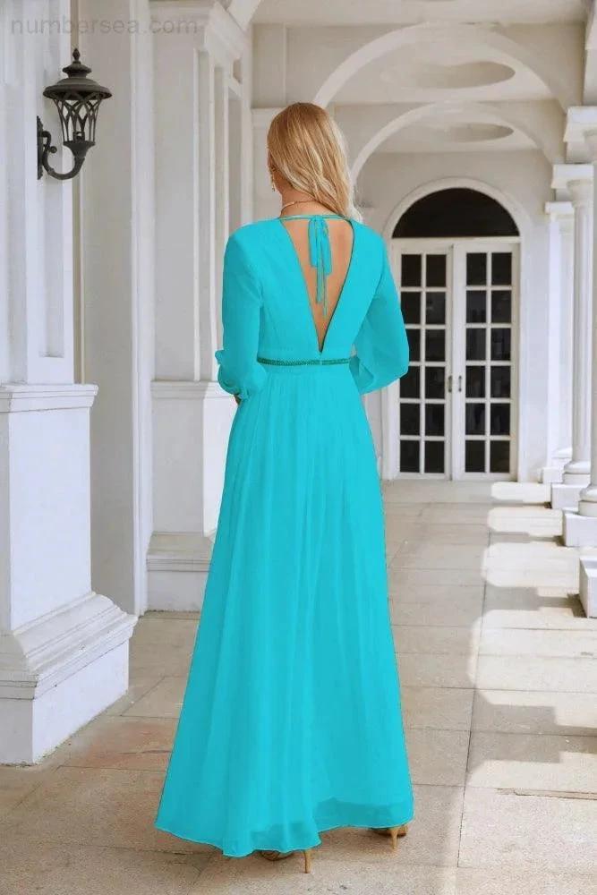 Ladies V Neck Chiffon Long Sleeve Front Slit Bridesmaid Evening Dress Wedding Party Shopping Evening Dress 28109 (ZD16991)