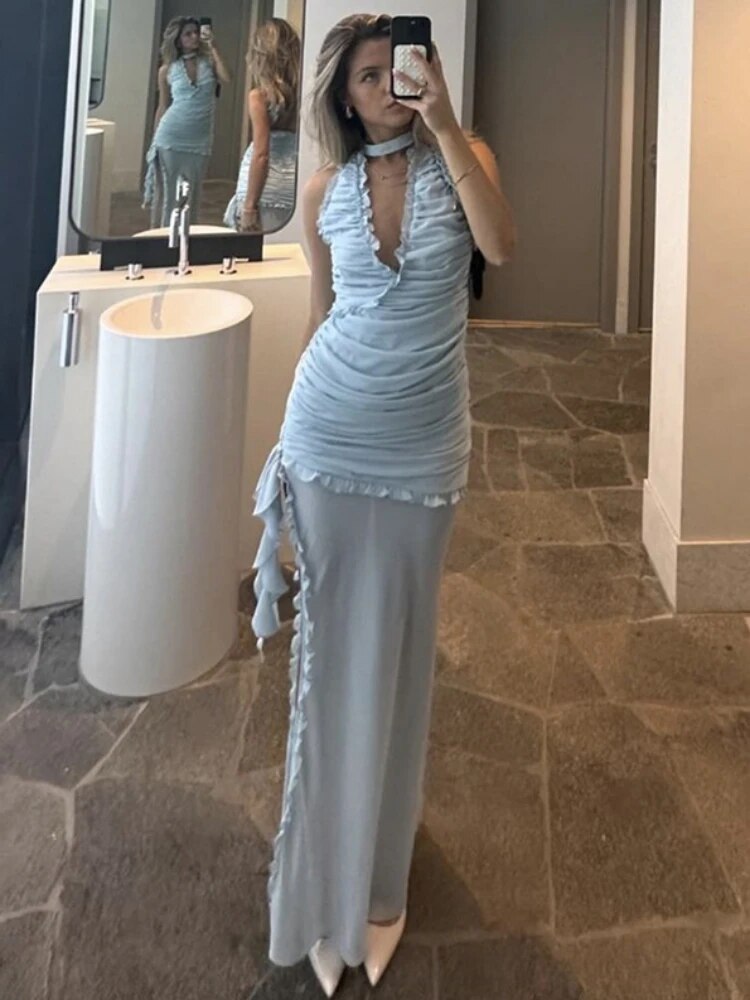 TARUXY Deep V Neck Slim Maxi Dresses For Women Mesh Splice See Through Folds Long Dress Femme Side Slit Sexy Evening Dress Woman - View 4 | VelvetHem