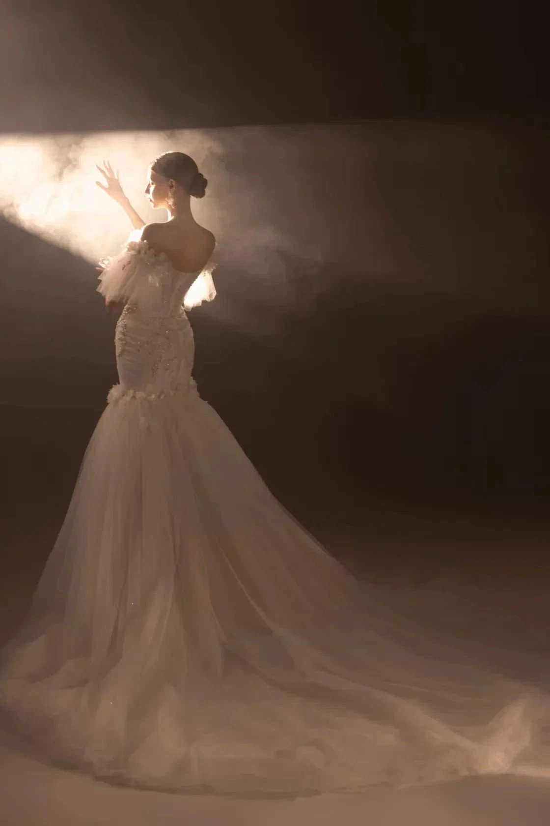 Ethereal Mermaid Off-the-Shoulder Tulle Wedding Dress with Beaded Embroidery & 3D Floral Accents (ZD16913)