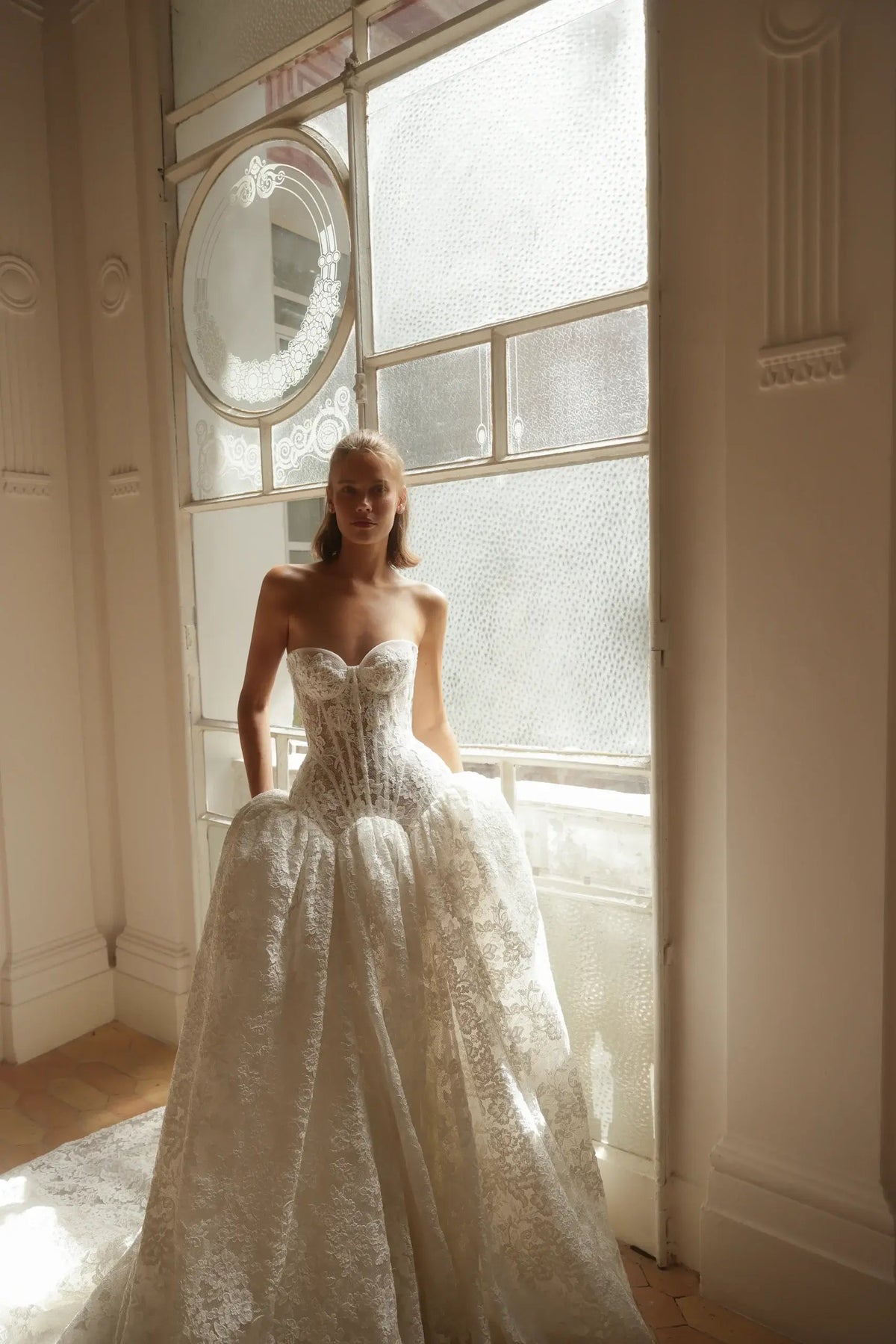 Bohemian Ivory Lace Strapless Ball Gown Wedding Dress ZP112