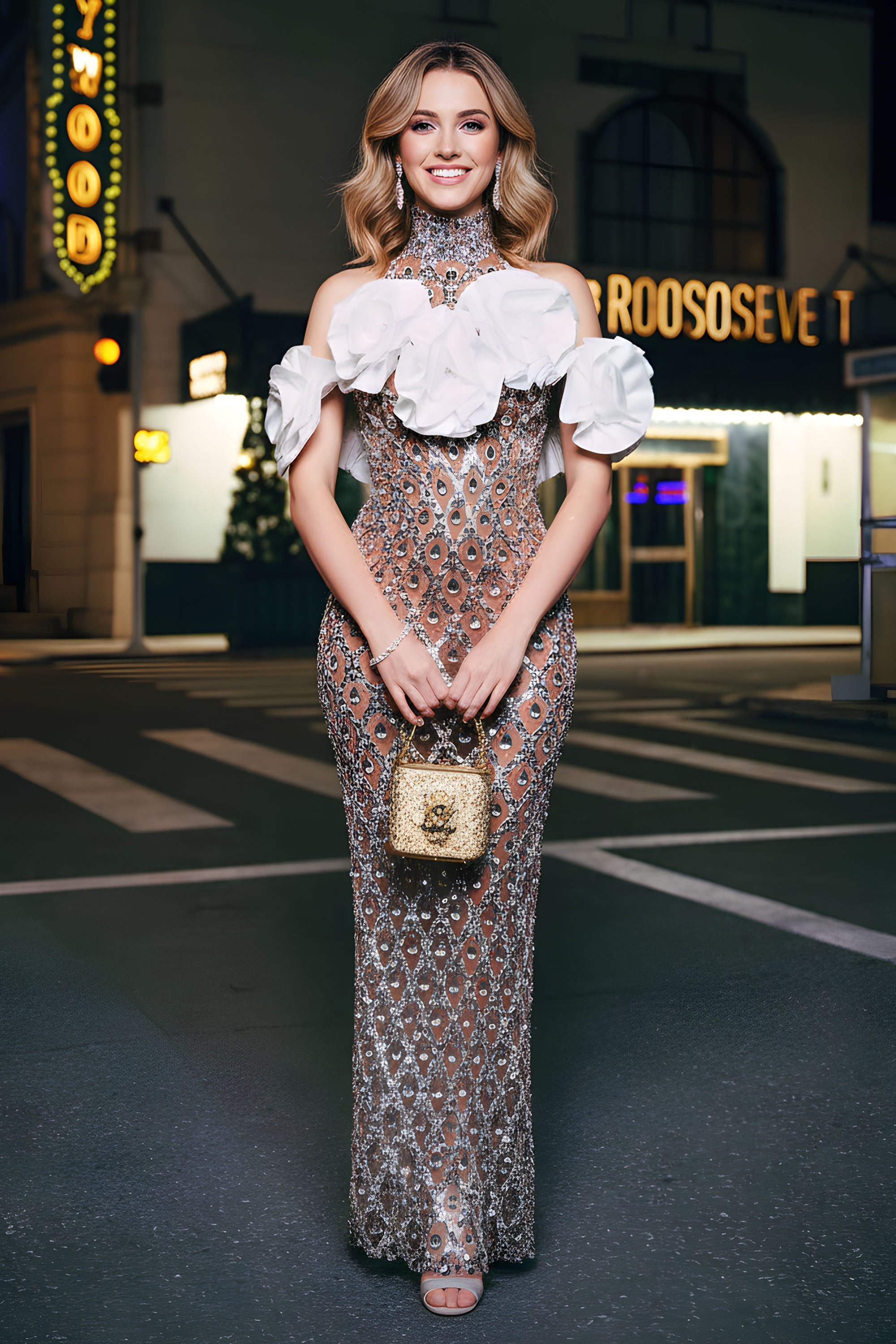 Embellished High-Neck Gown with Oversized Floral Ruffles