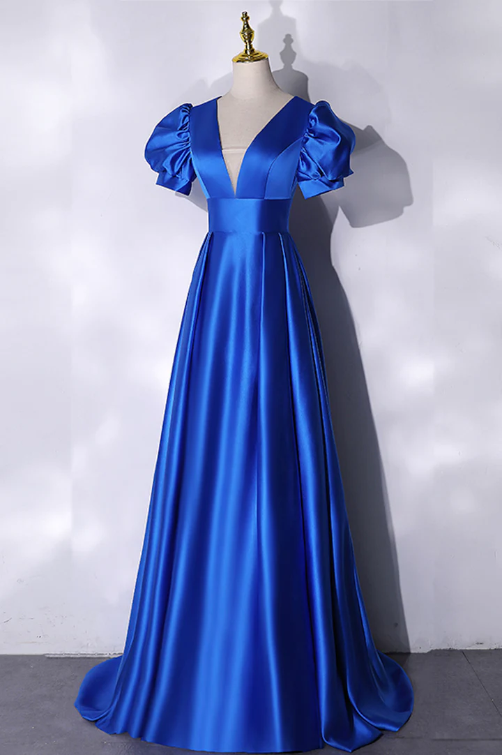 Blue satin long prom dress simple evening dress Y241 - View 3 | VelvetHem