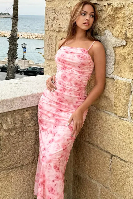 Ruched Spaghetti Strap Floral Dress - View 2 | FashionDia