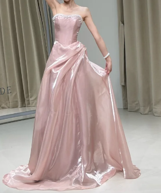 Elegant Prom Dress Light Pink Strapless Pleated Evening Dress Gala Dress - FashionDia