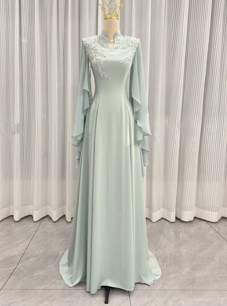 Beauty Prom Dress Light Green A-Line High Collar Evening Dress Gala Dress - FashionDia