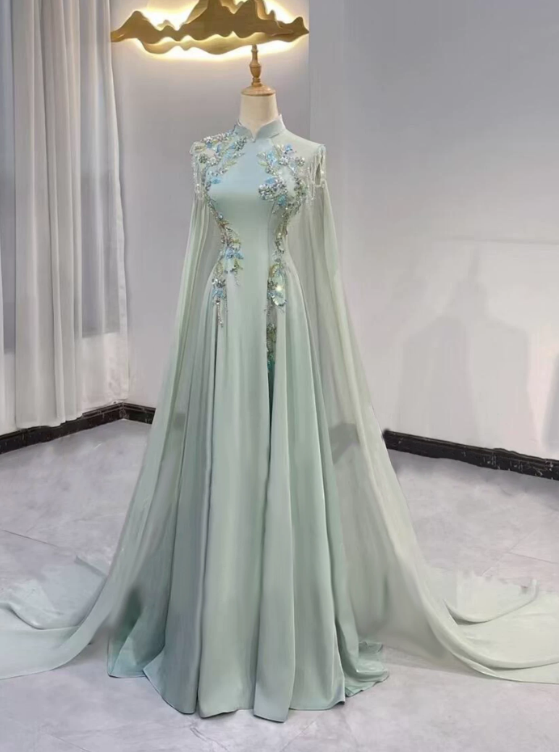 Gorgeous Prom Dress Light Green A-Line High Collar Tulle Pleated Evening Dress Gala Dress - FashionDia
