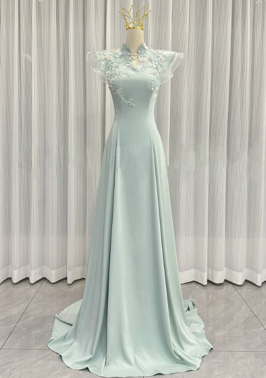Elegant Prom Dress Light Green A-Line High Collar Evening Dress Gala Dress - FashionDia