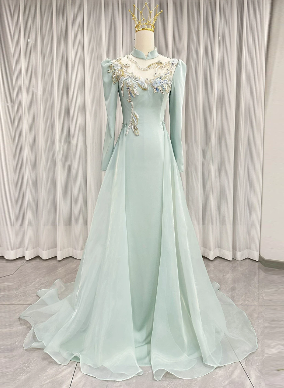 Elegant Prom Dress Light Green A-Line High Collar Evening Dress Formal Dress - FashionDia