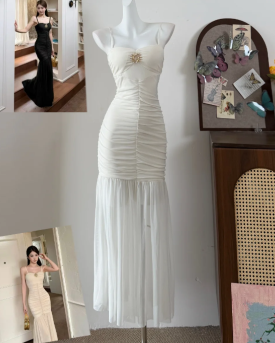 Elegant Prom Dress Spagehtti Straps White Pleated Mermaid Evening Dress Gala Dress - FashionDia