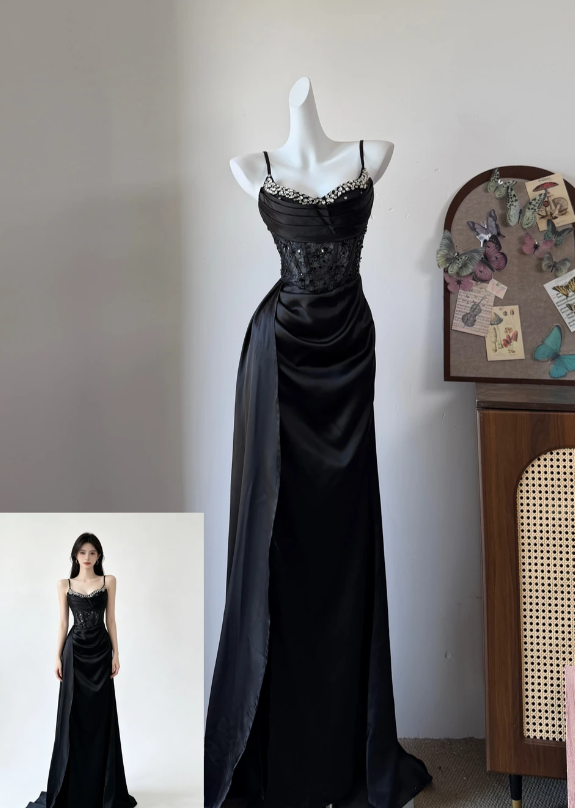 Beauty Prom Dress Black Spaghetti Straps Pleated Evening Dress Gala Dress - FashionDia