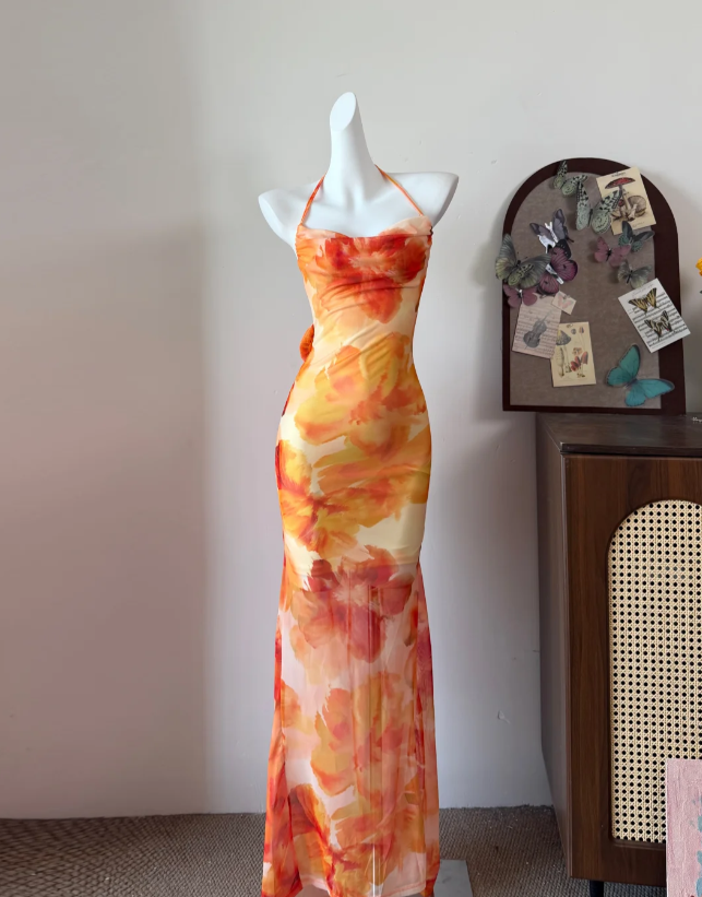 Stunning Prom Dress Halter Print Mermaid Evening Dress Gala Dress - FashionDia