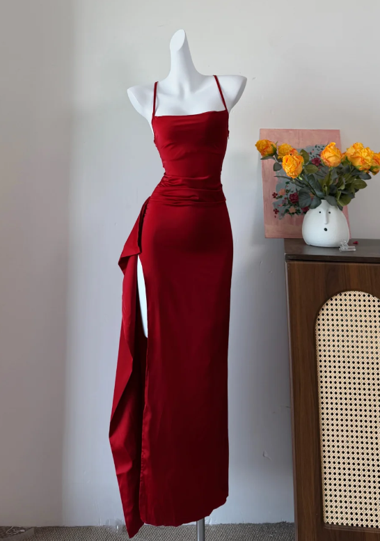 Sexy Prom Dress Red Spaghetti Straps Slit Long Evening Dress Gala Dress - FashionDia