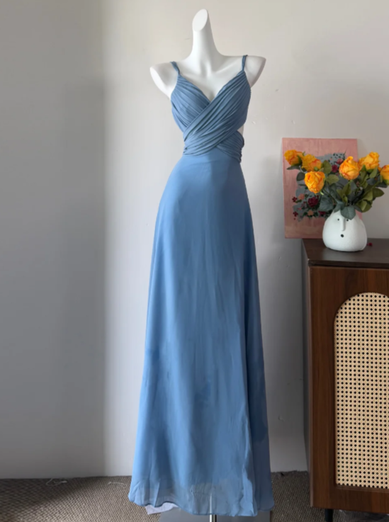 Elegant Prom Dress Blue Spaghetti Straps Chiffon Long Evening Dress Gala Dress - FashionDia