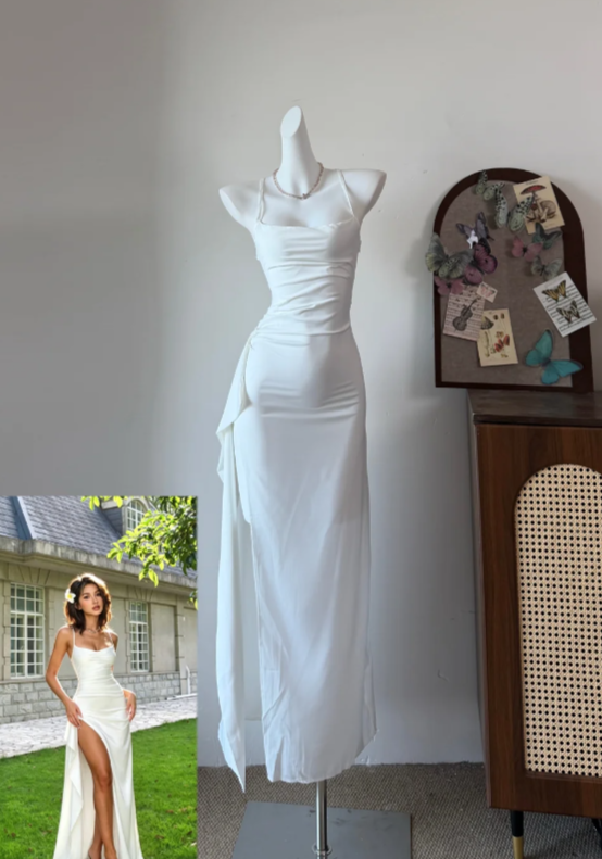 Elegant Prom Dress White Spaghetti Straps Chiffon Slit Long Evening Dress Gala Dress - FashionDia