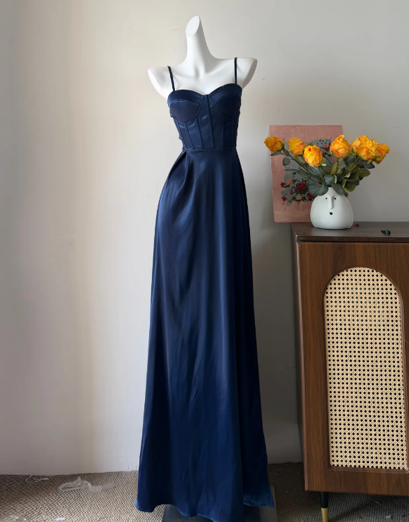 Elegant Prom Dress Nany Blue Spaghetti Straps Stain Long Evening Dress Gala Dress - FashionDia