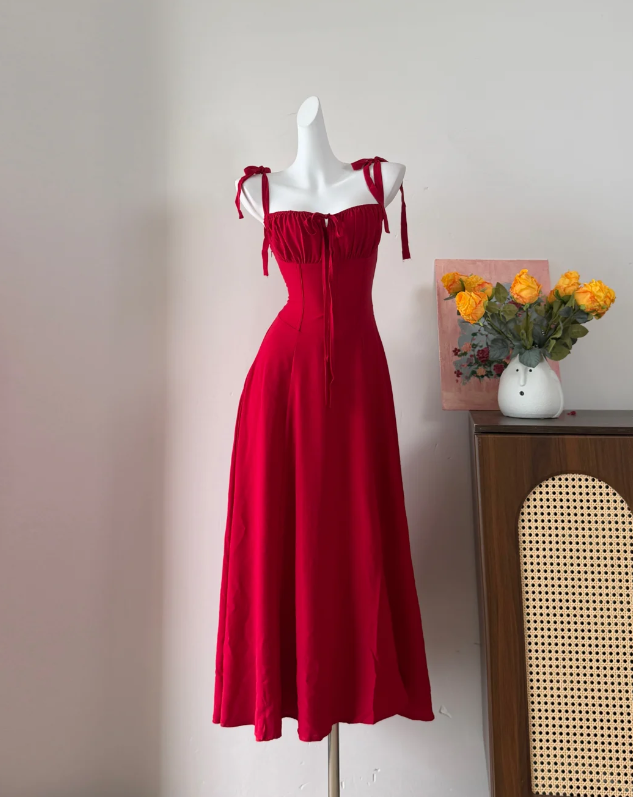 Charming Prom Dress Red Spaghetti Straps Pleated Gala Dress Long Evening Dress - FashionDia