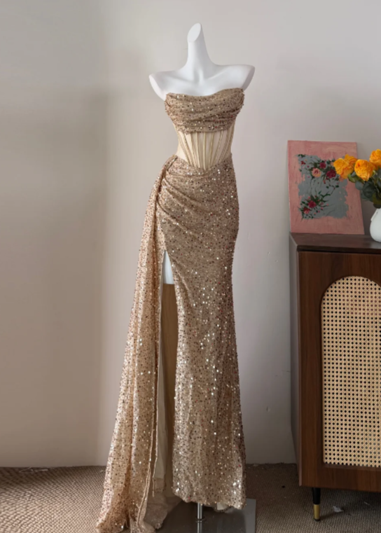 Shiny Prom Dress Strapless Gold Slit Gala Dress Long Evening Dress - FashionDia