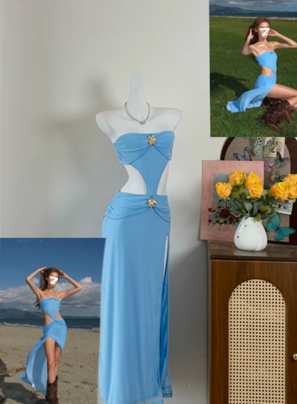 Beauty Prom Dress Strapless Blue Slit Gala Dress Long Evening Dress - FashionDia