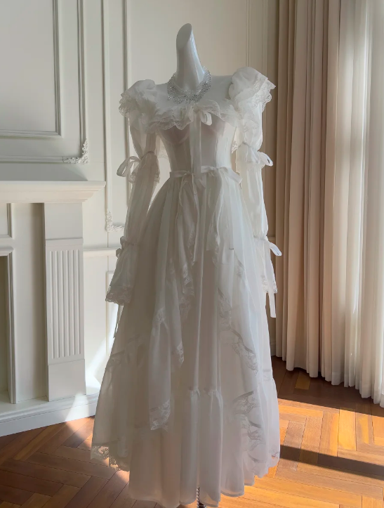 Charming Prom Dress White Square Neck Pleated Lace Gala Dress Long Evening Dress - FashionDia
