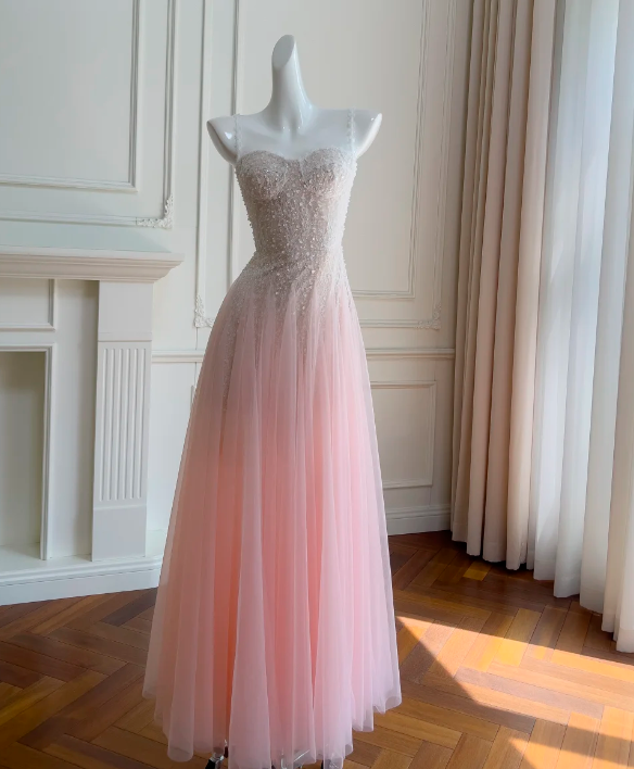Pretty Prom Dress A-Line Spaghetti Straps Pleated Tulle Gala Dress Long Evening Dress - FashionDia