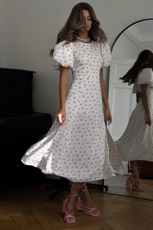 French Style Floral Puff Sleeve Work Dress - VelvetHem