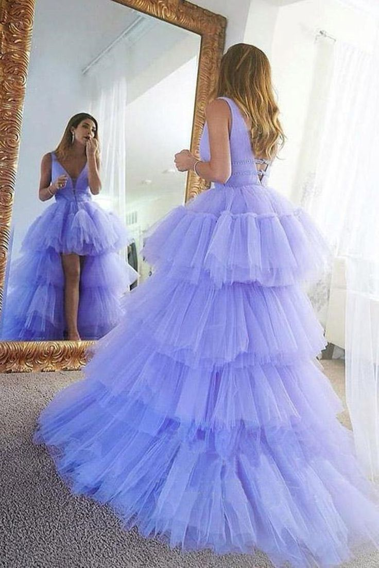 High-Low V-Neck Purple Tulle Long Prom Dress with Belt - View 2 | FashionDia