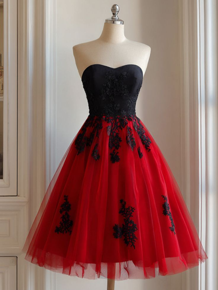 Black and Red Sweetheart Tulle with Lace Applique Party Dress