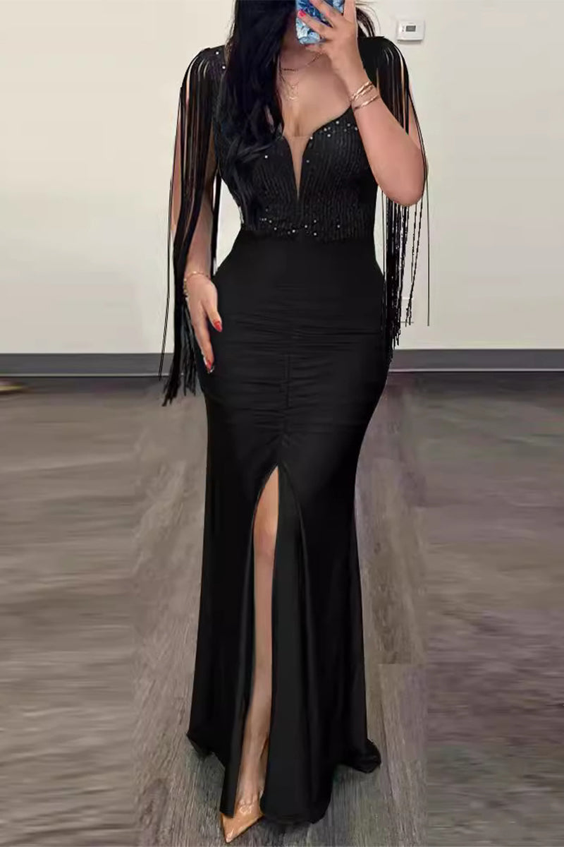 Sexy Formal Solid Tassel Sequins Slit V Neck Evening Dresses - View 3 | VelvetHem