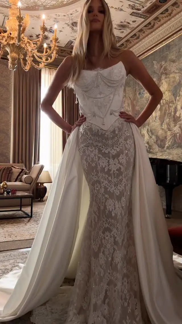 Elegant Ivory Strapless Beaded Corset Lace Mermaid Wedding Dress with Overskirt ZP101
